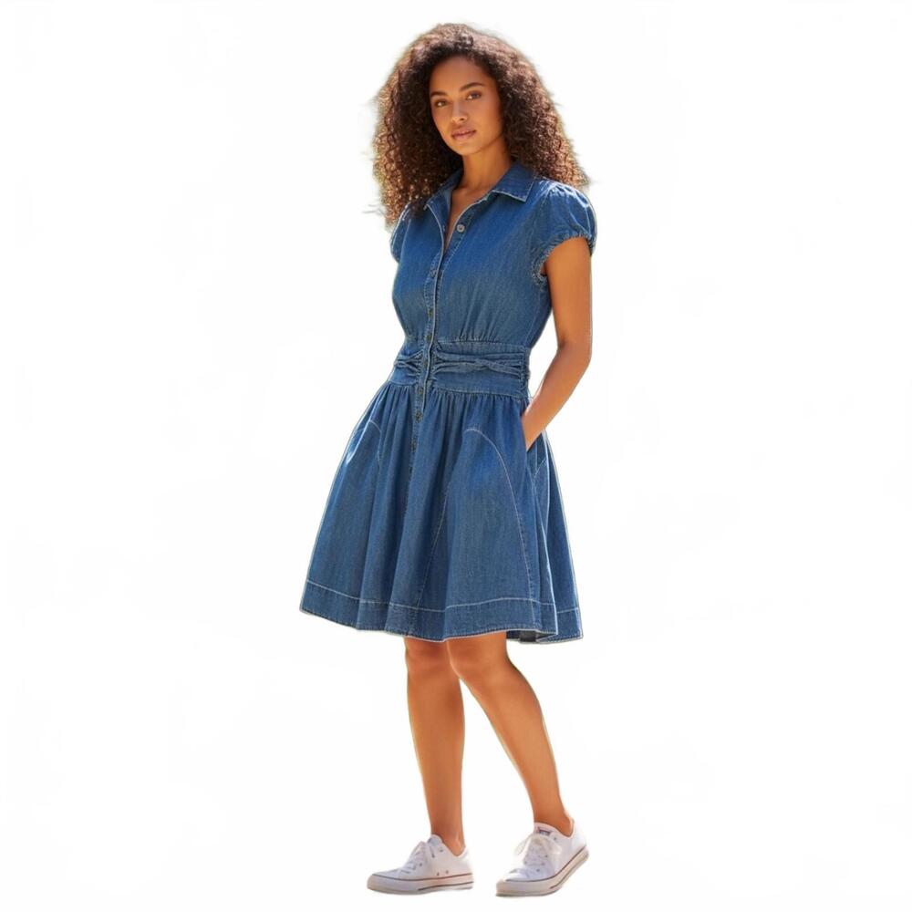 Free People Chester Mini Dress Montauk Blue Denim Puff Sleeve Ruched Sz  L # 737